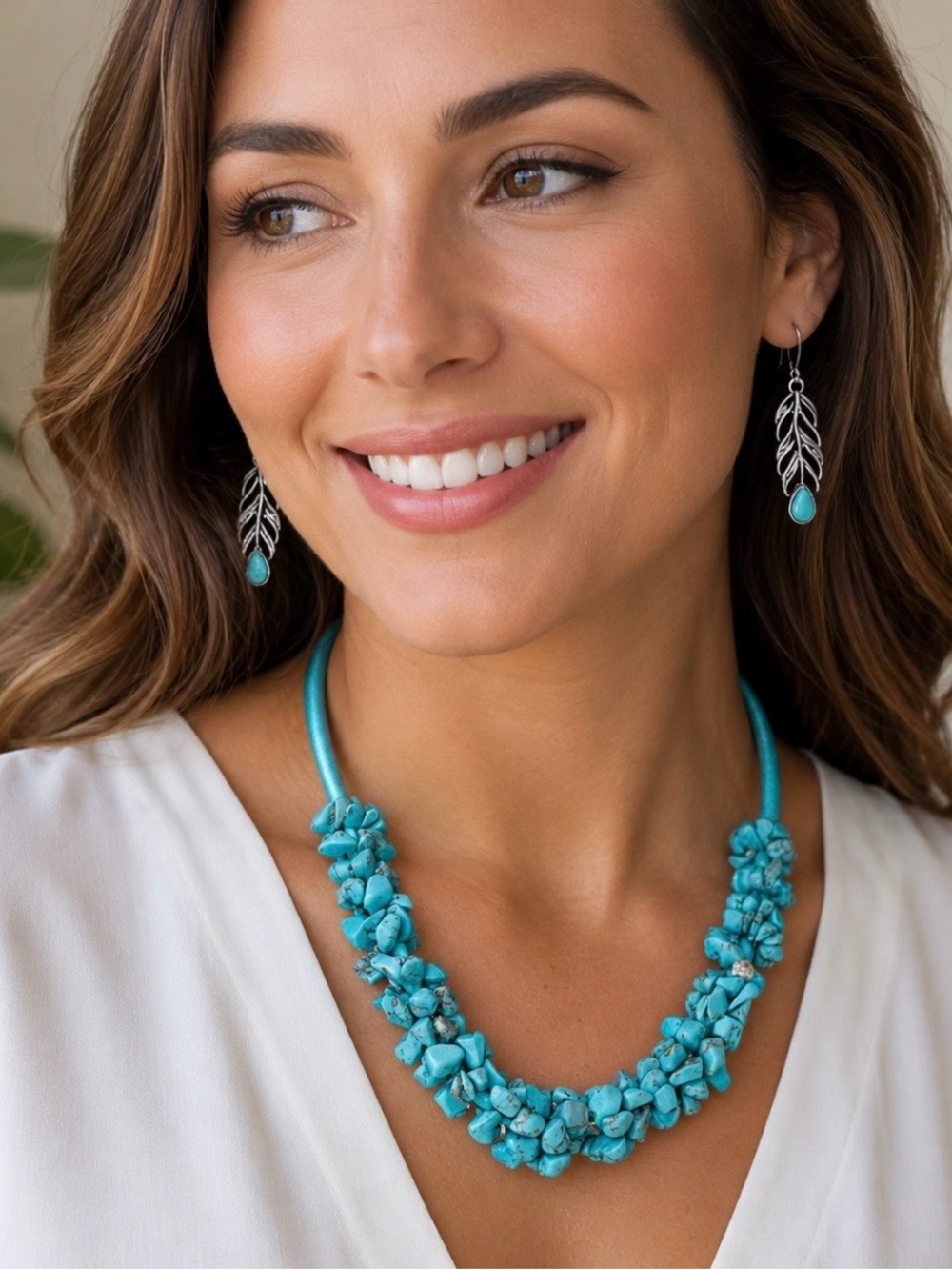 Turquoise nugget cluster necklace on string wrapped cord and earrings